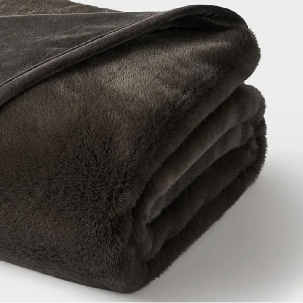 🆕 PB Style Dark Brown Faux Mink Rabbit Fur Throw Velvet Backing XL Quilt Bed